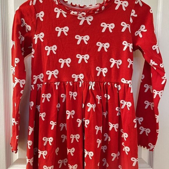 Hanna Andersson Bow Holiday Rib Dress Tangy Red 100% Cotton Girls Size 140 US 10 - Picture 3 of 14